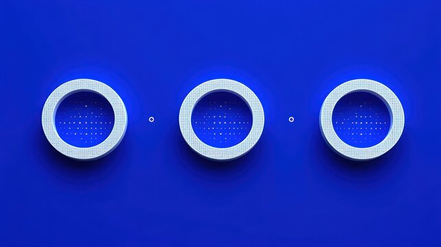 Three white textured circular rings with dotted blue centers on a vivid blue background, minimal symmetrical composition conveying calm futuristic precision - Powered by Adobe