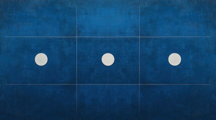 Minimalist deep blue textured triptych with three evenly spaced pale circles and subtle grid lines evoking calm balance and meditative serenity