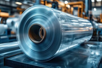 Fototapeta premium Large shiny rolled metal coil on a factory production line with reflective surface and heavy machinery, conveying precision and industrial efficiency
