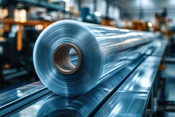 Large reflective roll of clear plastic film with cardboard core on industrial conveyor in blue-lit factory interior conveying precision and efficient production