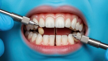 Close up aesthetic dentistry showing dental crown placement and meticulous tools