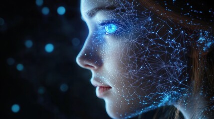 Dark blue abstract composition with glowing bokeh, central blurred panel, and a web of luminous nodes and particles over hair strands evoking futuristic mystery
