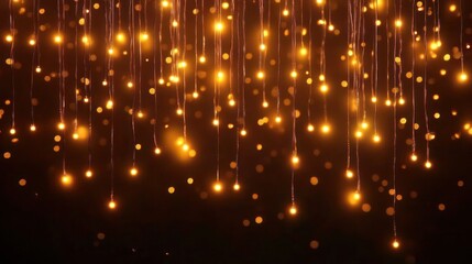 hanging glowing golden light strands and bokeh on a dark background, evoking a warm cozy magical atmosphere
