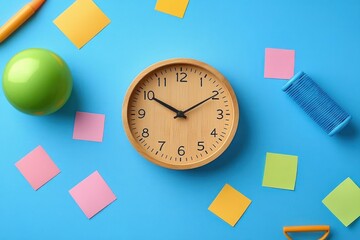 wooden round clock at 10:10 surrounded by colorful sticky notes, green glossy ball, blue thread spool and yellow pen on bright blue background, playful organized creative mood