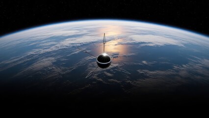 Futuristic satellite orbiting earth with solar reflection and distant stars in vast cosmos