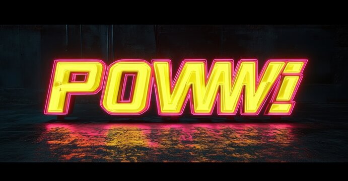 large glowing yellow and pink neon text poww on a wet reflective floor in a dark industrial space conveying bold energetic mood - Powered by Adobe