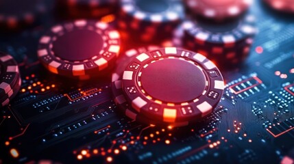 Close-up of poker chips on a glowing circuit board with neon red and blue lights, conveying high-stakes tension and futuristic digital excitement