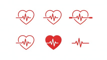 Red heart and heartbeat line vector icons collection symbolizing health and cardiology