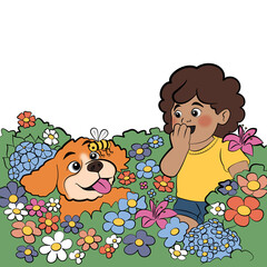 Spring Time - Little Girl and Dog Discovering a Bee in a Flower Garden &ndash; Cute Children&rsquo;s Illustration