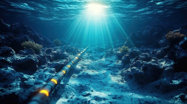 Glowing submarine cable stretching across rocky seabed toward sunlit surface, serene and mysterious underwater seascape