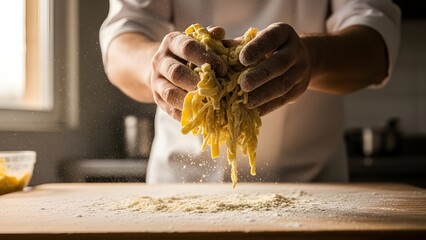 Close-up of Chef's Hands Handling Fresh Homemade Pasta Dough with Flour Dusting on Wooden Table