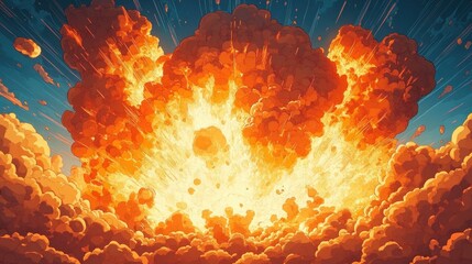 Massive fiery explosion with towering mushroom clouds, roaring fireball and radiant shockwave conveying dramatic intense destructive and apocalyptic energy