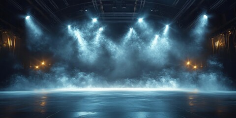 Empty theater stage with glowing blue spotlights and swirling fog over a reflective polished floor, dramatic and moody atmosphere evoking anticipation