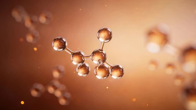 Luxury beauty science visual of a cortisol steroid molecule, skin stress hormone biotechnology concept with golden translucent spheres