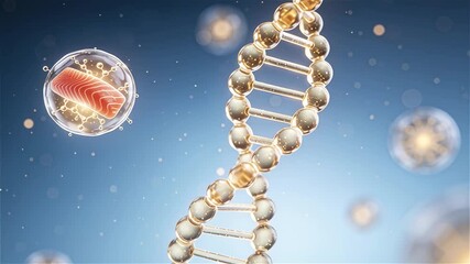 Luxury beauty science visual of salmon DNA PDRN molecule for regenerative skincare biotechnology, golden translucent double helix with soft blue bokeh