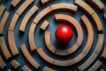 red sphere centered inside concentric curved wooden ring segments forming a maze, tense focused minimal composition