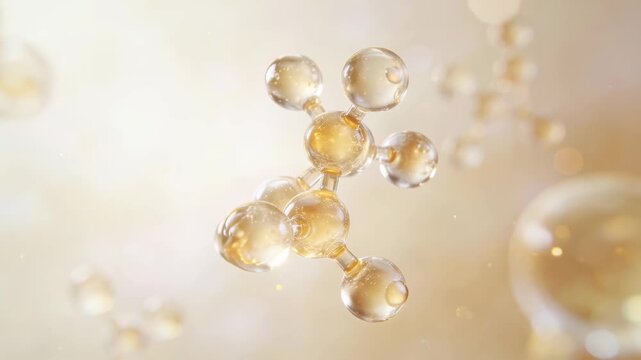  Luxury beauty science visual of a ceramide complex molecule for skin barrier repair, golden translucent spheres in a clean biotech concept