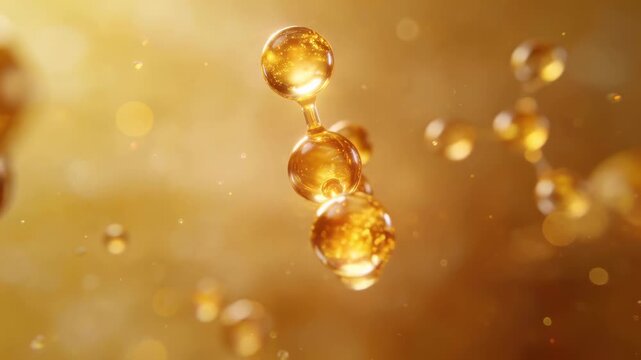 Luxury beauty science visual of a vitamin E (tocopherol) antioxidant molecule for skincare, golden translucent spheres with soft bokeh