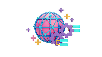 3D Globe with Gears and Plus Signs