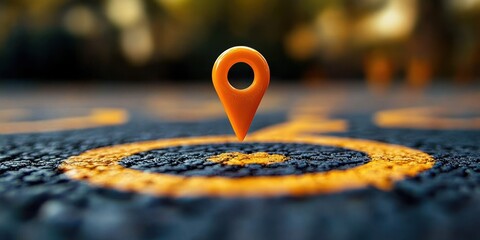 Orange location pin hovering above a painted yellow circular target on asphalt, close-up with warm bokeh and a feeling of precision and discovery