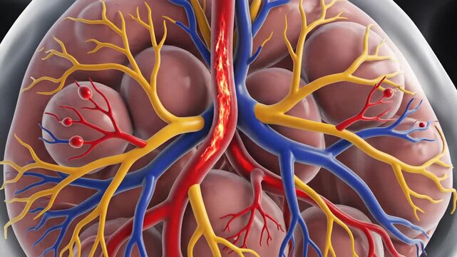 Detailed anatomical view of the ovarian hilum and vascular network within the ovary.
