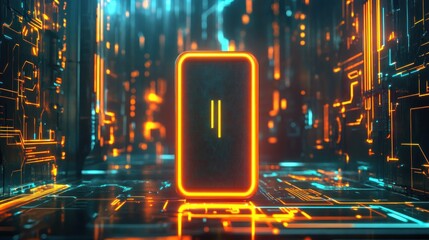 Glowing neon-framed rectangular device standing in a cybernetic circuit corridor with orange and cyan lights, reflective floor and a mysterious futuristic atmosphere