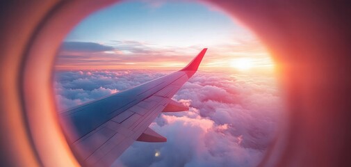 airplane wing framed by oval window above pink cloudscape at sunrise with warm glowing sky conveying peaceful wonder and travel serenity