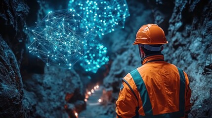 Worker in orange safety gear in a rocky underground tunnel gazes with wonder at floating blue holographic data spheres above a lit path