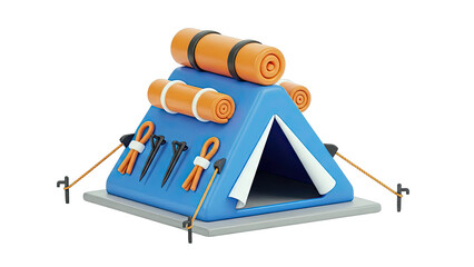 3D Render of a Blue Camping Tent with Camping Gear