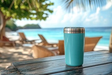 turquoise travel mug on a weathered wooden table with sunlit tropical beach, lounge chairs, palm trees and calm turquoise sea, evoking a relaxed vacation mood