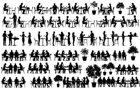 Cafe and restaurant people silhouettes set