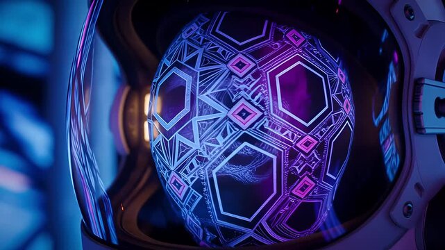 Astronaut helmet with glowing geometric patterns reflecting in visor futuristic space exploration concept.