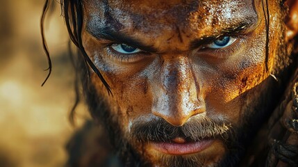 Close-up of wet dark hair strands and braided hair with beads against a warm golden background, moody and mysterious portrait detail