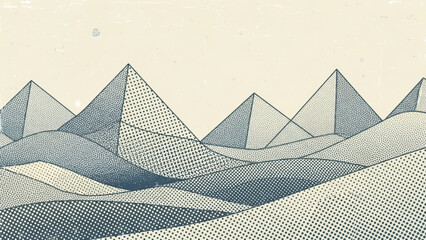 Illustration of stylized mountains with halftone effect in shades of blue and green on a cream background for design and print