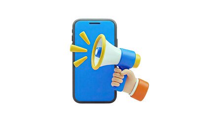 3D Render of Hand Holding Megaphone Announcing on Smartphone