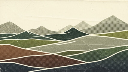 Illustration of rolling hills and mountains in shades of green, brown, and gray, with white outlines, against a pale yellow background