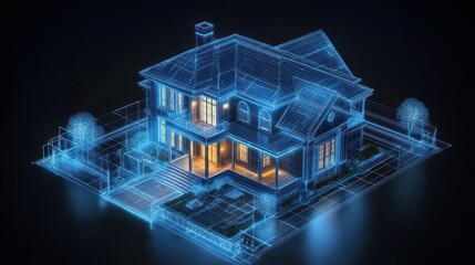futuristic holographic wireframe two-story house model with warm glowing interior lights, detailed blueprint yard and trees conveying innovative architectural precision and modern design