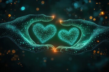 Glowing wireframe hands cradling two digital particle hearts amid teal bokeh lights, conveying warmth, connection and compassion