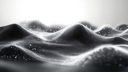 monochrome undulating mesh landscape of dotted waves with floating particles, serene futuristic abstract digital terrain