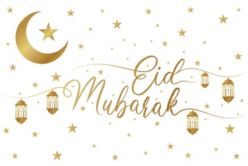 Eid Mubarak Golden Greeting Card with Calligraphy, Foil Stars, Crescent Moon, and Lanterns on White