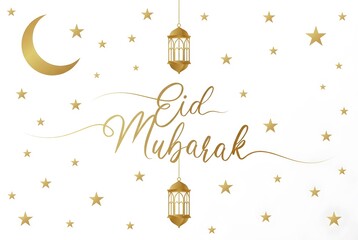 Eid Mubarak Golden Greeting Card with Calligraphy, Foil Stars, Crescent Moon, and Lanterns on White