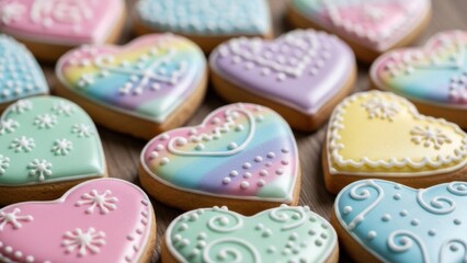 Fototapeta premium Colorful decorated heart-shaped cookies with pastel icing and intricate patterns for celebrations