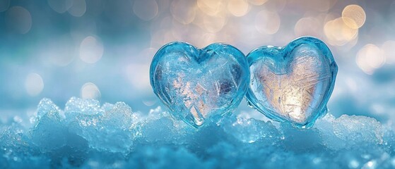 two translucent heart-shaped ice sculptures resting on snowy ice with warm golden bokeh, serene romantic and tender atmosphere