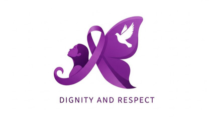 Purple butterfly symbolizing dignity and respect with a woman's silhouette and a white dove on wing, conveying empowerment and freedom