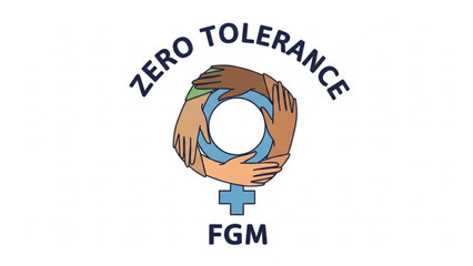 Zero tolerance for female genital mutilation fgm symbol with hands forming a protective circle around a female sign and blue arrows on white background