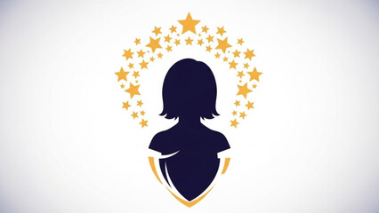 Golden stars halo around a woman silhouette with short hair and shield emblem on white background, symbolizing protection and achievement