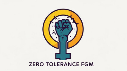 Zero tolerance female genital mutilation fgm awareness symbol with raised fist and female sign in yellow circle breaking free from shackles