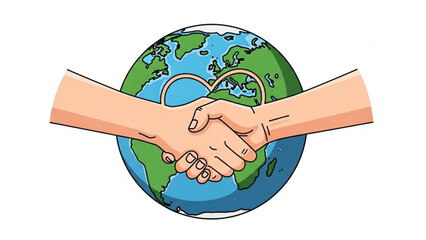 Handshake over the earth symbolizing global unity and cooperation in a simple illustration style