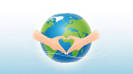 Hands forming heart shape around the earth, symbolizing love, care, and global unity in a digital illustration