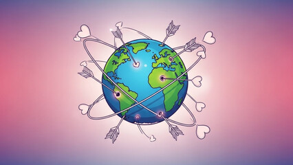 Globe surrounded by arrows and hearts symbolizing global love and connection in a vibrant illustration